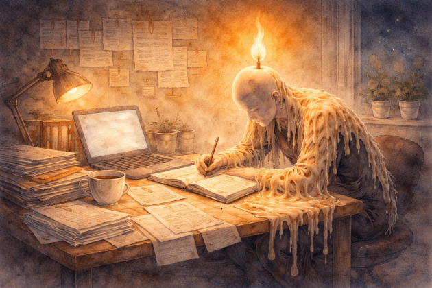 This ismage represents the snowball of self sacrifice. A person sits at a desk made of paper, writing. But their body is a candle slowly melting, and the wax flows into the pages they are producing. Symbolism: Work literally made from personal energy Quiet self-sacrifice rather than visible burnout