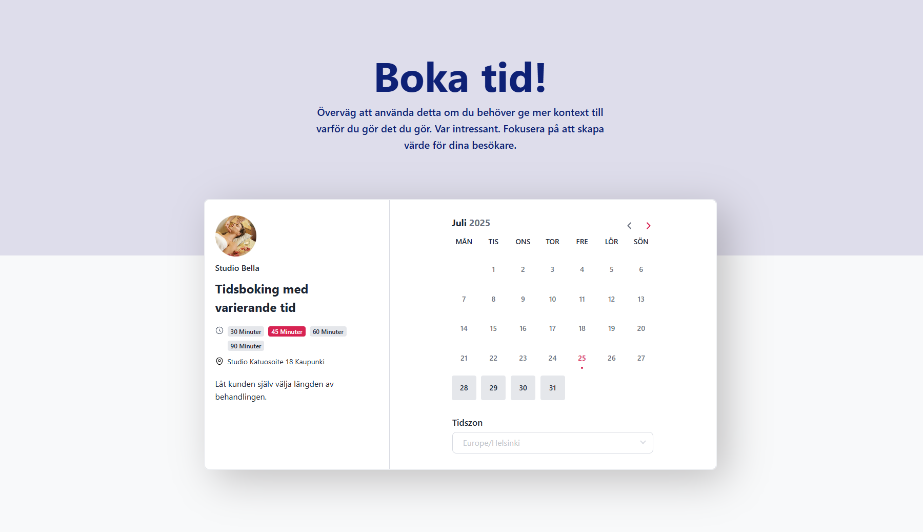 Bokningskalender i en webbsida