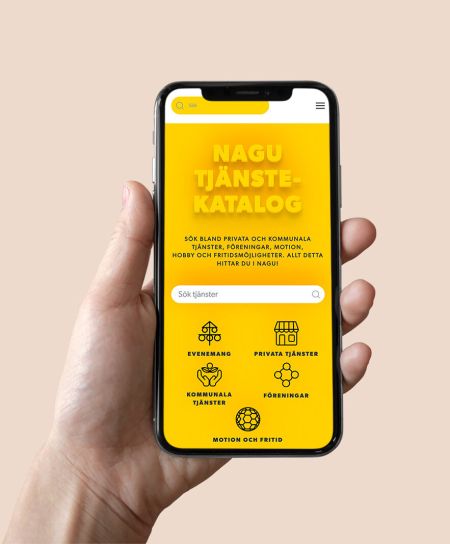 Handheld mobile with website showing a service catalog.