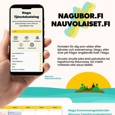 Nagubor plansch med illustration om nagu tjänstekaltalog och nagu evenemangskalender