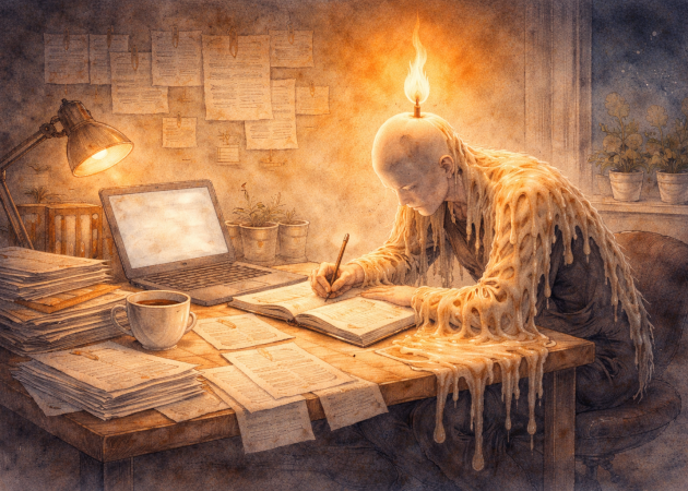 This image represents the snowball of self sacrifice. A person sits at a desk made of paper, writing. But their body is a candle slowly melting, and the wax flows into the pages they are producing. Symbolism: Work literally made from personal energy Quiet self-sacrifice rather than visible burnout