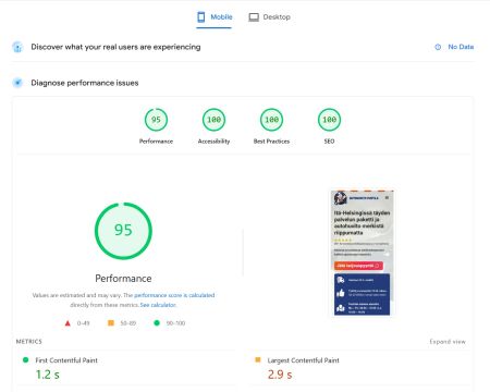 autohuolto puotile google pagespeed 95 mobiili