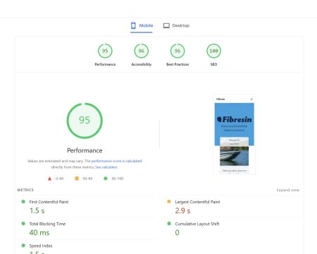 pagespeed mobile score fibresin.fi