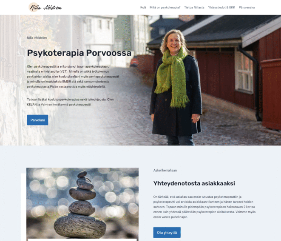 <!-- wp:paragraph -->
<p><strong>Verkkosivusto ja digitaalinen tuki</strong></p>
<!-- /wp:paragraph -->

<!-- wp:paragraph -->
<p>Nilla Ahlström on Porvoossa toimiva psykoterapeutti, joka tarjoaa psykoterapiaa, traumaterapiaa ja työnohjausta sekä vastaanotolla että etänä.</p>
<!-- /wp:paragraph -->

<!-- wp:paragraph -->
<p>Työskentelimme Nillan kanssa uuden verkkosivuston suunnittelussa ja toteutuksessa hänen toiveidensa ja visionsa pohjalta. Tavoitteena oli luoda selkeä ja rauhallinen verkkonäkyvyys, joka tukee hänen työtään ja auttaa asiakkaita löytämään olennaisen tiedon helposti.</p>
<!-- /wp:paragraph -->

<!-- wp:paragraph -->
<p>Verkkosivusto toteutettiin tiiviissä yhteistyössä Nillan kanssa, ja tarjosimme tukea koko prosessin ajan. Projekti sisälsi konsultointia, henkilökohtaista ohjausta, verkkosivuston suunnittelun ja toteutuksen sekä koulutuksen ja jatkotuen, jotta sivuston käyttö ja ylläpito on sujuvaa.</p>
<!-- /wp:paragraph -->

<!-- wp:heading {"level":3} -->
<h3 class="wp-block-heading">Mitä teimme</h3>
<!-- /wp:heading -->

<!-- wp:list -->
<ul class="wp-block-list"><!-- wp:list-item -->
<li>Verkkosivuston rakenne ja strategia</li>
<!-- /wp:list-item -->

<!-- wp:list-item -->
<li>Konsultointi ja henkilökohtainen ohjaus</li>
<!-- /wp:list-item -->

<!-- wp:list-item -->
<li>Verkkosivuston suunnittelu ja toteutus</li>
<!-- /wp:list-item -->

<!-- wp:list-item -->
<li>Sisällön jäsentäminen ja selkeyttäminen</li>
<!-- /wp:list-item -->

<!-- wp:list-item -->
<li>Koulutus ja tuki sivuston hallintaan</li>
<!-- /wp:list-item --></ul>
<!-- /wp:list -->

<!-- wp:heading -->
<h2 class="wp-block-heading">Lopputulos</h2>
<!-- /wp:heading -->

<!-- wp:paragraph -->
<p>Nillalla on nyt selkeä ja toimiva verkkosivusto, joka viestii hänen palveluistaan rauhallisesti ja ammattimaisesti. Uusi sivusto tukee asiakkaiden yhteydenottoa ja tarjoaa kestävän digitaalisen alustan hänen työlleen.</p>
<!-- /wp:paragraph -->