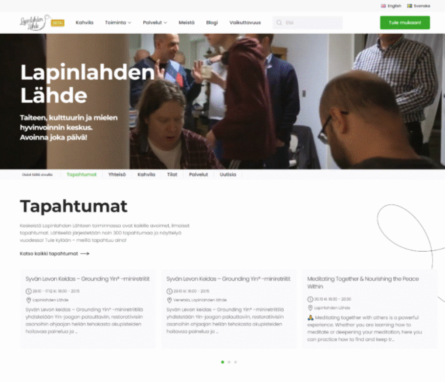 <!-- wp:paragraph -->
<p>UUDLY toteutti Lapinlahden Lähteen verkkosivuston uudistuksen osallistavan ja yhteistyöhön perustuvan prosessin avulla. Projektiin osallistuivat aktiivisesti kaikkien kolmen keskeisen organisaation työntekijät: Pro Lapinlahti Mielenterveysseura, Lapinlahden Lähde Oy sekä Kahvila Lähde (Lapinlahden Tuki Oy).</p>
<!-- /wp:paragraph -->

<!-- wp:paragraph -->
<p>Prosessin aikana organisaatioiden edustajat toivat esiin näkemyksensä ja määrittelivät omat tiedontarpeensa kohderyhmiensä mukaisesti. UUDLY kokosi saadut näkemykset ja toteutti aiemman verkkosivuston kattavan auditoinnin sekä markkinointianalyysin.</p>
<!-- /wp:paragraph -->

<!-- wp:paragraph -->
<p>Tulosten perusteella UUDLY tunnisti tarpeen kehittyneelle, portaalimaiselle verkkosivustolle. Uusi alusta tarjoaa dynaamista sisältöä ja käyttäjärooleihin perustuvaa pääsyä, jolloin eri käyttäjät voivat hallita ja hyödyntää tietoa omien vastuidensa ja tarpeidensa mukaan.</p>
<!-- /wp:paragraph -->

<!-- wp:paragraph -->
<p>Verkkosivuston keskiössä on ajantasainen ja helposti saavutettava tieto. Erityistä huomiota kiinnitettiin tapahtuma- ja toimintakalenteriin sekä tapahtumatilojen esittelyyn, jotka tukevat merkittävästi rakennuksen toimintaa ja ylläpitoa.</p>
<!-- /wp:paragraph -->

<!-- wp:heading {"level":3} -->
<h3 class="wp-block-heading">Verkkosivuston keskeiset ominaisuudet:</h3>
<!-- /wp:heading -->

<!-- wp:list -->
<ul class="wp-block-list"><!-- wp:list-item -->
<li>Tapahtumakalenteri</li>
<!-- /wp:list-item -->

<!-- wp:list-item -->
<li>Palveluiden varauskalenteri</li>
<!-- /wp:list-item -->

<!-- wp:list-item -->
<li>Palvelukatalogi vuokralaisille ja sisäiseen käyttöön</li>
<!-- /wp:list-item -->

<!-- wp:list-item -->
<li>Verkkokauppa, jossa on integraatio tilauspainopalveluun</li>
<!-- /wp:list-item -->

<!-- wp:list-item -->
<li>Blogi ja uutisportaali</li>
<!-- /wp:list-item -->

<!-- wp:list-item -->
<li>Dynaaminen sisällönhallinta ja synkronointi palveluiden, kuten Google My Businessin, kanssa</li>
<!-- /wp:list-item --></ul>
<!-- /wp:list -->